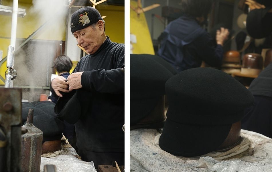 森安会長・森安忠義が木型帽子を手で整える様子。蒸気の中でフェルト帽を丁寧に仕上げている。