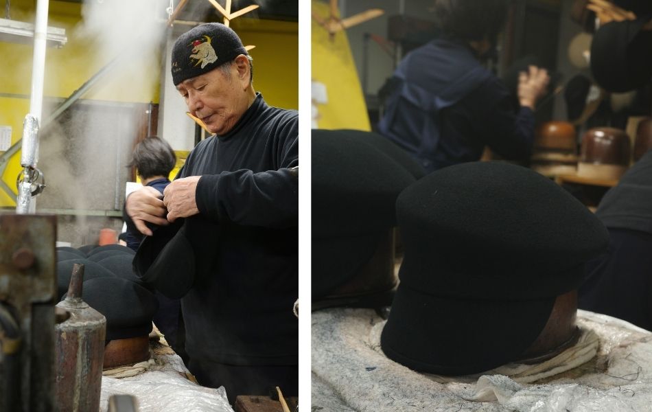 森安の工房でキャスケットを手蒸しする職人。蒸気を使いながら形を丁寧に整えている様子。